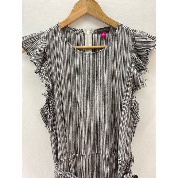 Vince Camuto Linen Blend Raw Flutter Sleeve Belted Striped Cropped Jumpsuit Sz S - Picture 1 of 9